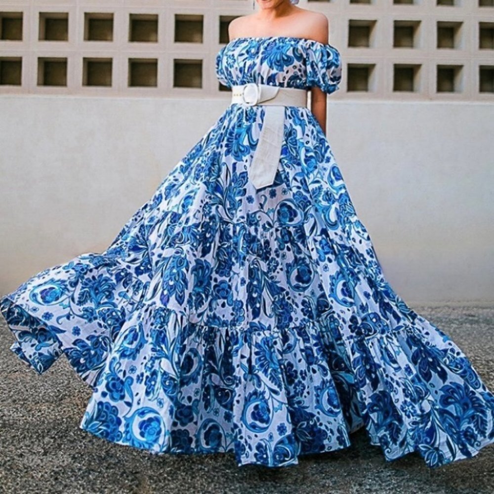 Caroline Constas Bardot Maxi Dress Blue Floral‎ Puff Sleeves Size Small Ruffle S